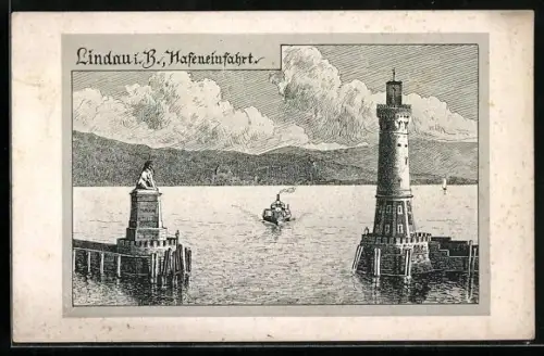 Künstler-AK Lindau i. B., Hafeneinfahrt