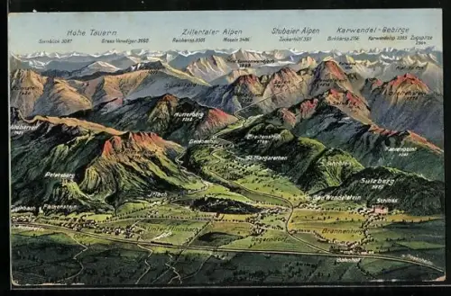 AK Brannenburg, Panorama mit Zillertaler Alpen und Karwendel-Gebirge