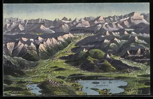 AK Murnau, Panorama mit Staffelsee und Zugspitze