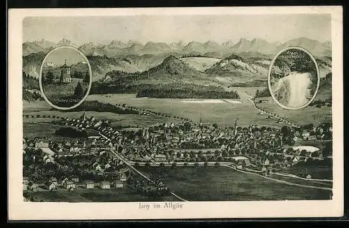 AK Isny im Allgäu, Gesamtansicht mit Argen-Wasserfall