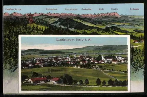 AK Isny i. A., Stadtansicht, Alpenpanorama