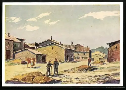 Künstler-AK Ittersdorf, Ortsansicht mit Bauernhäusern, 