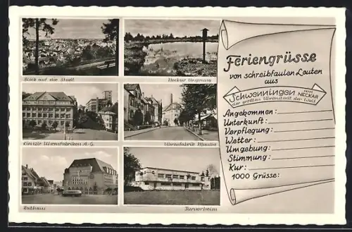 AK Schwenningen /Neckar, Blick auf die Stadt, Neckar-Uferpartie, Rathaus, Turnerheim