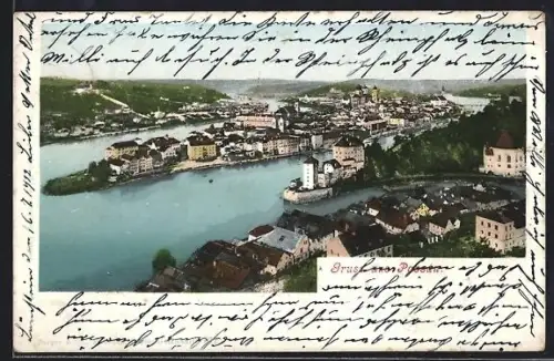 AK Passau, Stadtansicht mit Donau und Inn