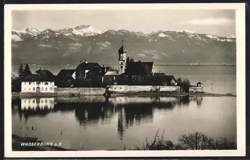 AK Wasserburg a. B., Insel mit Kirche und Alpenpanorama