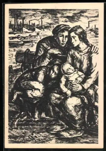 Künstler-AK Dessin sur la Misere du Monde de Maurice Mendjisky, Flüchtlinge