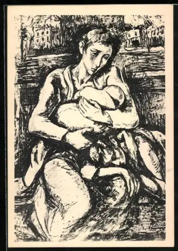 Künstler-AK Geflüchtete Frau mit ihren Kindern, Flüchtlinge