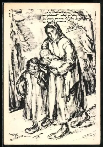 Künstler-AK Frau mit ihren Kindern auf der Flucht im Winter, Flüchtlinge