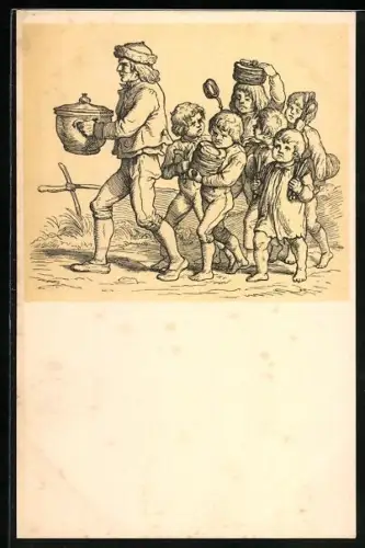 AK Mann mit Kessel und ihn folgende Kinder mit Tellern, Camping