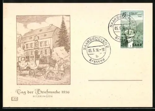 AK Hilbringen, Tag der Briefmarke 1956, Postkutsche vor Schloss, Ausstellung
