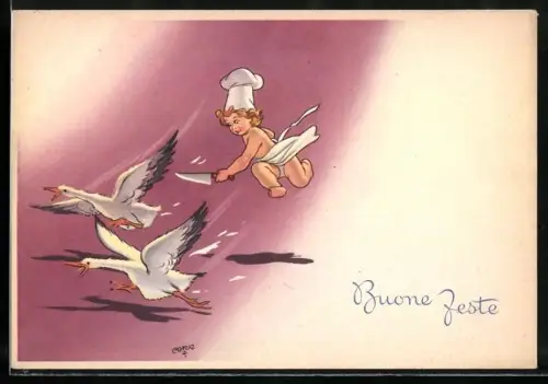 AK Kleinkind als Koch jagt zwei Gänse mit einem Messer