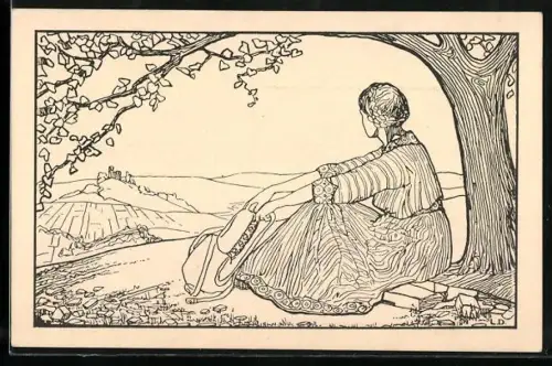 Künstler-AK Luise Danker: Wanderin sitzt unter dem Baum und schaut zum Ort
