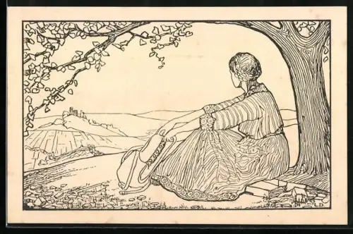 Künstler-AK Luise Danker: Wanderin sitzt unter dem Baum und schaut zum Ort