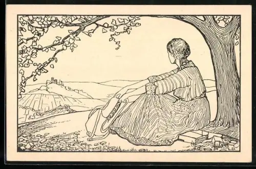 AK Pfadfinderin sitzt unter einem Baum