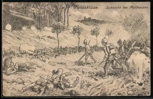 AK Mülhausen i. E., Schlacht 1914, Feldskizze mit Soldaten am Waldrand
