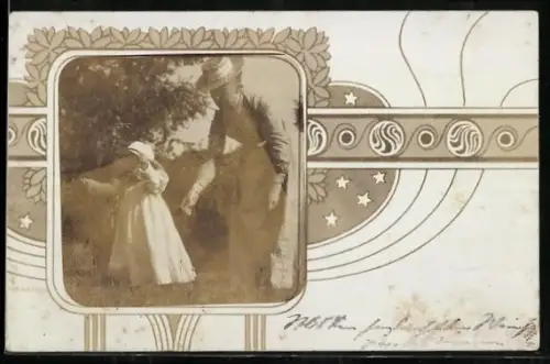 Foto-AK Mann und seine Tochter auf dem Feld, Passepartout mit Sternen