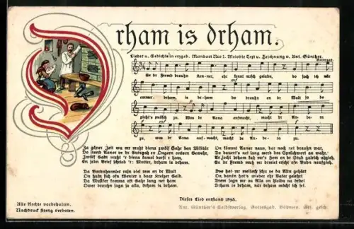 Lied-AK Anton Günther: Lied Drham is drahm in Text- und Notenzeilen, Familie mit Baby in der Küche