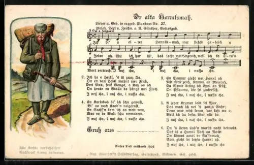 Lied-AK Anton Günther NR: 27, Dr alta Hannlsmah, Handelsmann mit Schirm und Pfeife