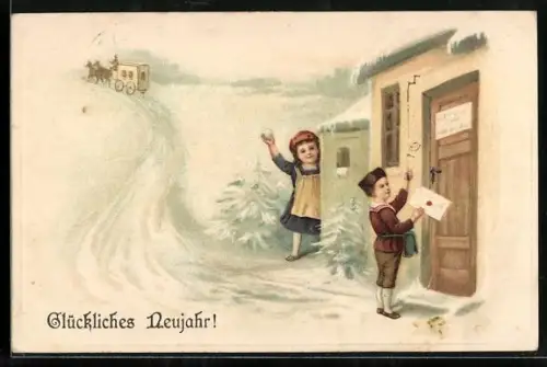AK Ein Kind überbringt einen Brief, während ein anderes einen Schneeball wirft