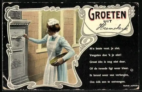 AK Dame mit weisser Schürze wirft einen Brief in einen Briefkasten