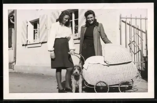 Foto-AK Zwei junge Frauen mit Kinderwagen und Hund