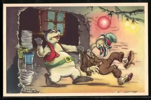 AK Comic Doremias Das, Dachs schleift den Zechpreller in die Küche