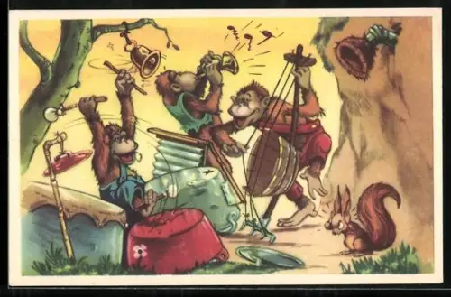 Künstler-AK Comic, Doremias Das, die Affenbande spielt Instrumente
