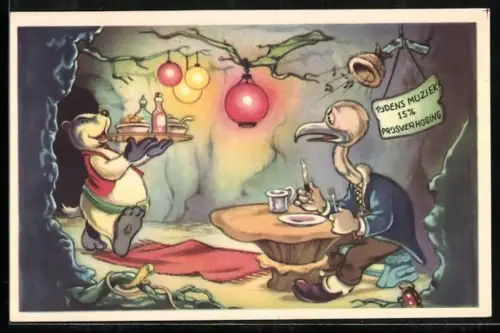 AK Comic Doremias Das, Dachs bewirtet einen Gast in seinem Restaurant