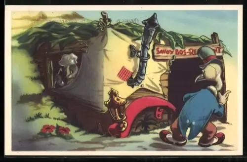 AK Comic Doremias Das, Gast steht vor dem Restaurant des Dachses