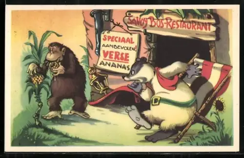 Künstler-AK Comic, Savoy Bos-Restaurant, der Affe nascht Früchte