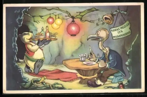 AK Comic Doremias Das, Dachs bewirtet einen Gast in seinem Restaurant