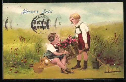 AK Hänsel und Gretel auf einer Wiese mit einem Korb voller Rosen