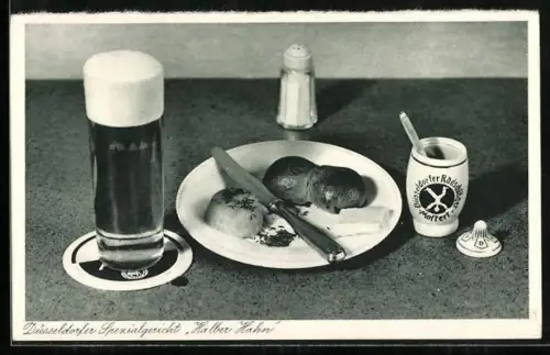 AK Düsseldorfer Spezialgericht Halber Hahn, Roggenbrötchen mit Käse, dazu Bier und Senf