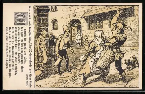 AK Szene aus dem Fastnachtsspiel Der Krämerskorb von Hans Sachs, Mann schlägt die Krämerin, Fasching