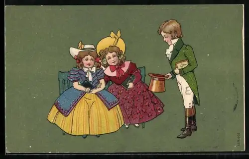 AK Junge mit Zylinder fordert schüchterne Mädchen zum Tanz auf