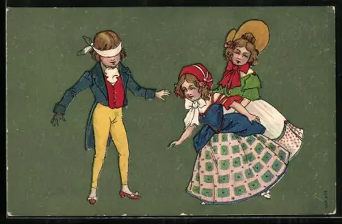AK Kinder, Junge spielt mit verbunden Augen und zwei Mädchen