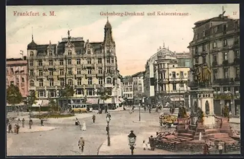 Lithographie Frankfurt a. M., Gutenberg-Denkmal, Kaiserstrasse mit Strassenbahn