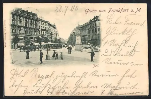 AK Frankfurt a. M., Zeil, Platzansicht mit Uhrensäule