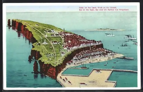 AK Helgoland, Ansicht der Insel aus der Vogelschau mit Oberland und Unterland