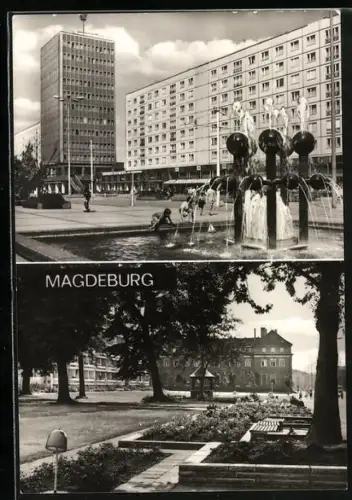 AK Magdeburg, Partien an der Karl-Marx-Strasse mit Kugelbrunnen, Haus der Lehrer und Staatsbank der DDR