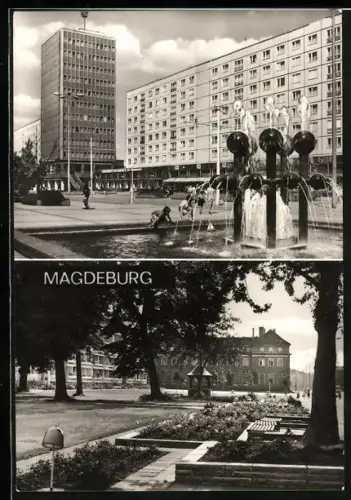 AK Magdeburg, Partien an der Karl-Marx-Strasse mit Kugelbrunnen, Haus der Lehrer und Staatsbank der DDR