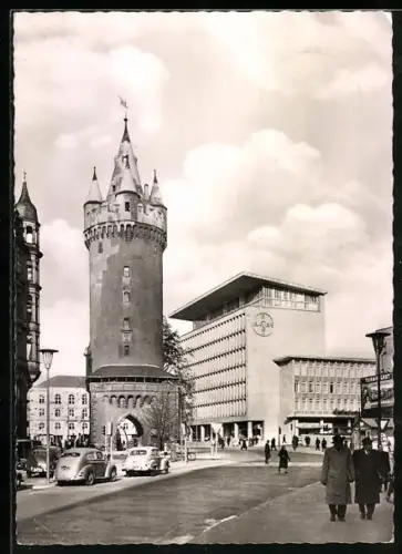 AK Frankfurt a. M., Eschenheimer Turm und Bayer Haus