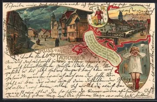 Lithographie Lauterbach in Hessen, Ortsansicht bei Nacht, Wappen
