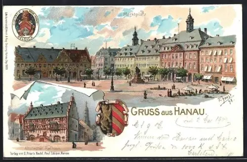 Lithographie Hanau, Marktplatz, Altstädter Rathaus, Wappen