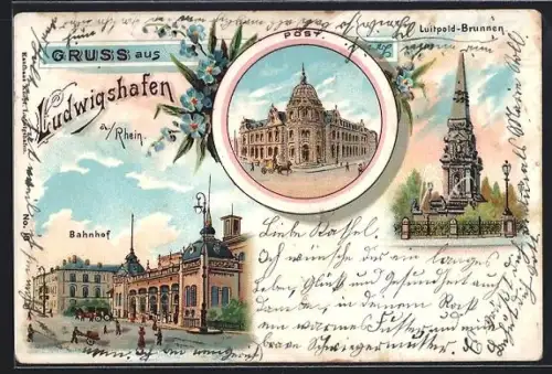 Lithographie Ludwigshafen a. Rhein, Bahnhof, Luitpold-Brunnen, Post