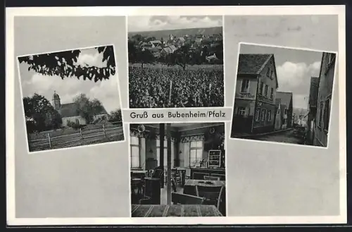 AK Bubenheim /Pfalz, Kirche, Gasthaus Willi Setzer, Ortsansicht mit Feld