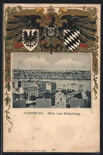 Passepartout-Lithographie Flensburg, Blick vom Ballastberg, Wappen und Adler