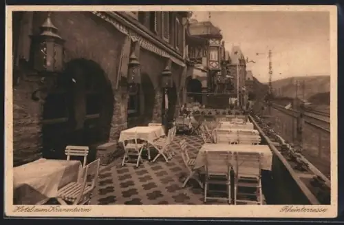 AK Bacharach, Hotel zum kranenturm, Rheinterrasse