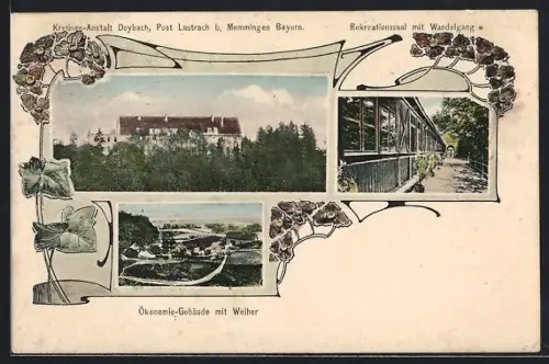 AK Lautrach b. Memmingen, Kretinen-Anstalt Deybach, Rekreationssaal mit Wandelgang, Ökonomie-Gebäude mit Weiher