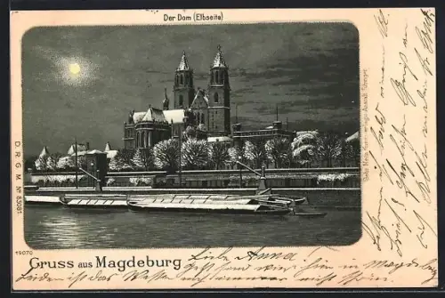 Winter-Lithographie Magdeburg, Dom von der Elbe betrachtet